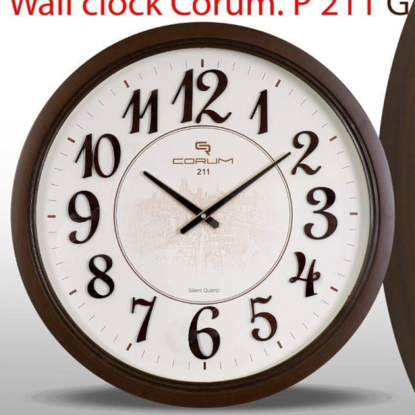 ساعت دیواری کوروم مدل 211، ساعت دیواری خاص با موتور میتسو آرامگرد درجه 1، صفحه چوبی و اعداد چوبی، سایز 60 سانتی متر، رنگ قهوه ای