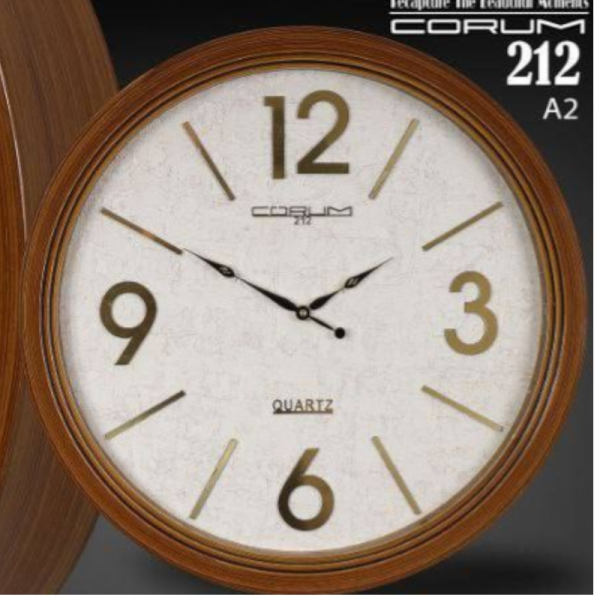 ساعت دیواری کوروم مدل 212، ساعت دیواری خاص با موتور میتسو آرامگرد درجه 1، صفحه چوبی و بدنه از متریال پلاستیک، سایز 60 سانتی متر، رنگ قهوه ای