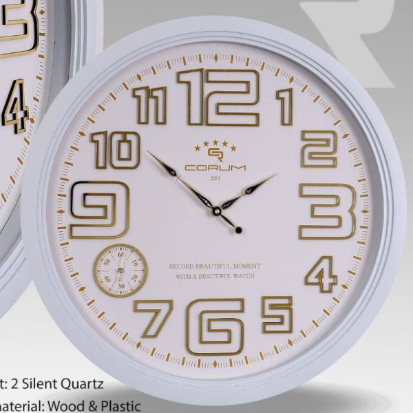 ساعت دیواری کوروم مدل P 221، ساعت دیواری خاص با موتور میتسو آرامگرد درجه 1، صفحه چوبی و اعداد چوبی، سایز 60 سانتی متر، رنگ سفید