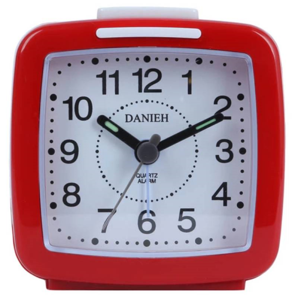 ساعت رومیزی دانیه کد 020 رنگ قرمز، ساعت رومیزی فانتزی دارای آلارم، با قاب پلاستیک، تغذیه با باتری قلمی، ساعتی با تکنولوژی کوارتز