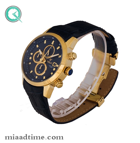 ساعت مچی ویولت، مردانه کرنوگراف، گرد چرمی، طلایی صفحه سرمه ای | کد 0439/2G ساعت مچی مردانه بند چرمی