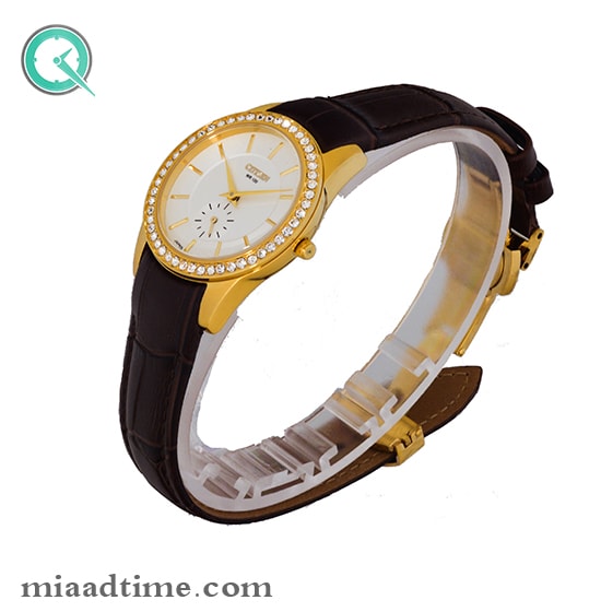 ساعت مچی سیتیزن زنانه زیرثانیه گرد چرمی طلایی صفحه سفید مدل 6214L ساعت سیتیزن بند چرمی