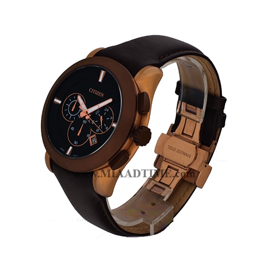 ساعت مچی سیتیزن مردانه کرنوگراف گرد چرمی دو رنگ صفحه مشکی مدل 15093G قیمت ساعت ست اسپرت