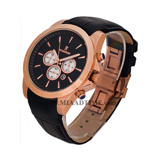 ساعت مچی رومانسون مردانه کرنوگراف گرد چرمی رزگلد صفحه مشکی کد 1824 ساعت مچی مردانه اصل