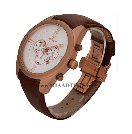 ساعت مچی رومانسون مردانه کرنوگراف گرد چرمی رزگلد صفحه سفید کد 1829 ساعت مچی مردانه اصل