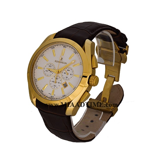 ساعت مچی رومانسون مردانه کرنوگراف گرد چرمی طلایی صفحه سفید کد 1871 ساعت مچی مردانه اصل