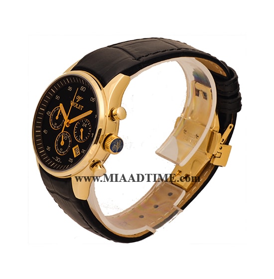 ساعت ویولت Violet زنانه کرنوگراف گرد چرمی طلایی صفحه مشکی شیشه رنگی کد 0227/2L ساعت مچي زنانه