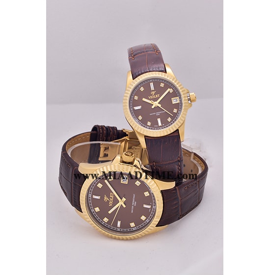 ساعت ویولت Violet زنانه گرد چرمی طلایی صفحه سفید کد 0488/2L ساعت مچی زنانه بند چرمی