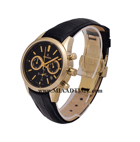 ساعت مچی رومانسون زنانه کرنوگراف گرد چرمی طلایی صفحه مشکی کد 16246 خرید ساعت مچی طرح اصلی