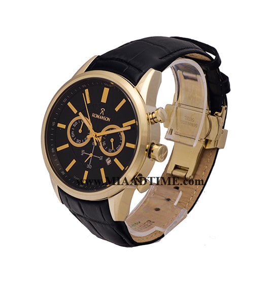 ساعت مچی رومانسون مردانه کرنوگراف گرد چرمی طلایی صفحه مشکی کد 16246 ساعت مچی مردانه