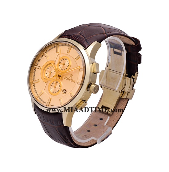 ساعت مچی رومانسون مردانه کرنوگراف گرد چرمی طلایی صفحه سفید شیشه رنگی کد 16248 ساعت مچی مردانه