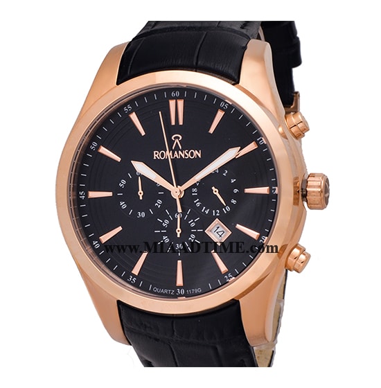 ساعت مچی رومانسون مردانه کرنوگراف گرد چرمی رزگلد صفحه مشکی کد 16257 ساعت مچی مردانه
