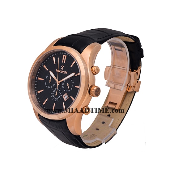 ساعت مچی رومانسون مردانه کرنوگراف گرد چرمی رزگلد صفحه مشکی کد 16257 ساعت مچی مردانه مارک دار