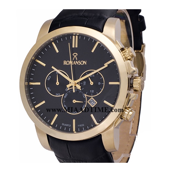 ساعت مچی رومانسون مردانه کرنوگراف گرد چرمی طلایی صفحه مشکی کد 16261 ساعت مچی مردانه