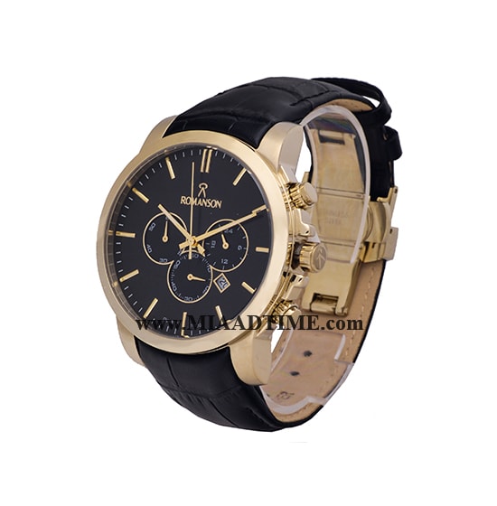 ساعت مچی رومانسون مردانه کرنوگراف گرد چرمی طلایی صفحه مشکی کد 16261 ساعت مچی مردانه مارک دار