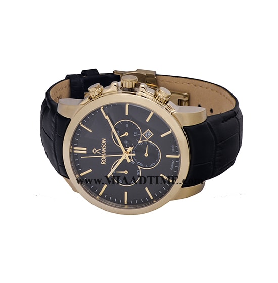 ساعت مچی رومانسون مردانه کرنوگراف گرد چرمی طلایی صفحه مشکی کد 16261 ساعت مچی مردانه اسپرت شیک