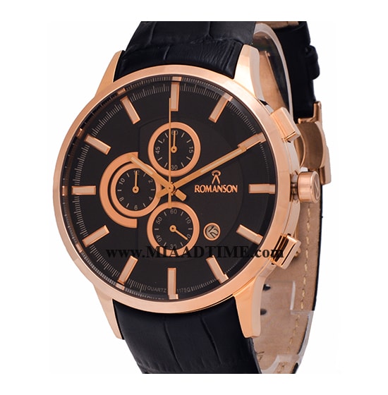 ساعت مچی رومانسون مردانه کرنوگراف گرد چرمی رزگلد صفحه مشکی شیشه رنگی کد 16262 ساعت مچی مردانه