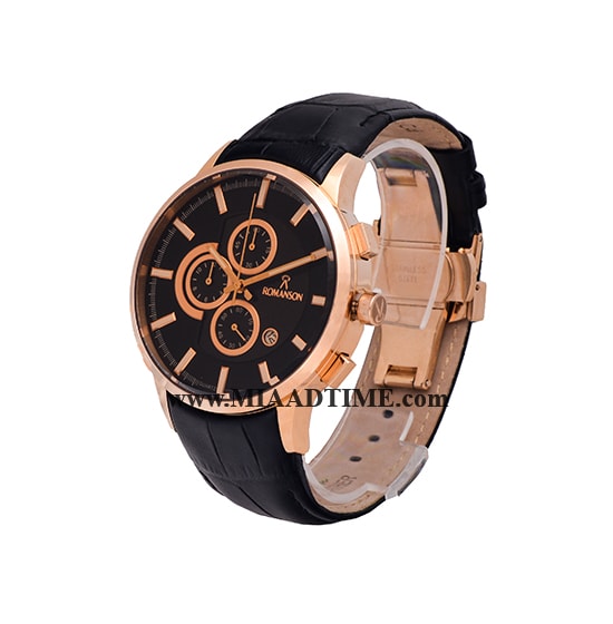 ساعت مچی رومانسون مردانه کرنوگراف گرد چرمی رزگلد صفحه مشکی شیشه رنگی کد 16262 ساعت مچی مردانه مارک دار