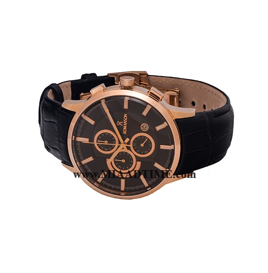 ساعت مچی رومانسون مردانه کرنوگراف گرد چرمی رزگلد صفحه مشکی شیشه رنگی کد 16262 ساعت مچی مردانه اسپرت شیک