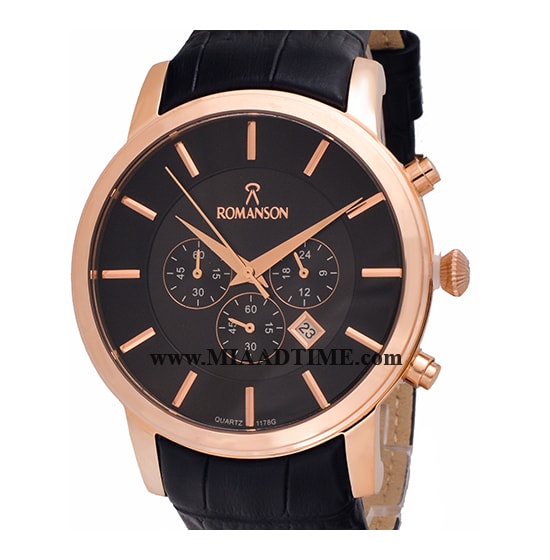 ساعت مچی رومانسون مردانه کرنوگراف گرد چرمی رزگلد صفحه مشکی کد 16298 ساعت مچی مردانه