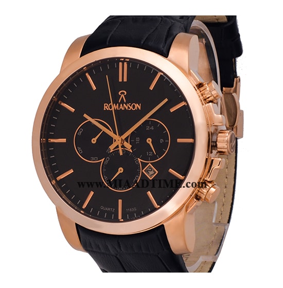 ساعت مچی رومانسون مردانه کرنوگراف گرد چرمی رزگلد صفحه مشکی کد 16267 ساعت مچی مردانه
