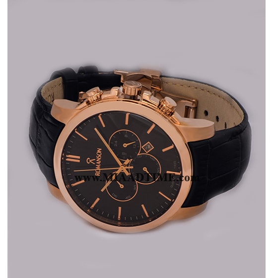 ساعت مچی رومانسون مردانه کرنوگراف گرد چرمی رزگلد صفحه مشکی کد 16267 ساعت مچی مردانه اسپرت شیک