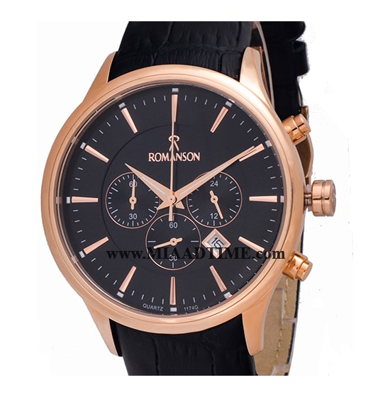 ساعت مچی رومانسون ROMANSON مردانه کرنوگراف گرد چرمی رزگلد صفحه مشکی کد 16299 ساعت مچی مردانه