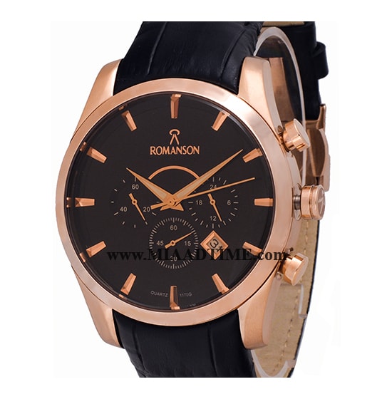ساعت مچی رومانسون مردانه کرنوگراف گرد چرمی رزگلد صفحه مشکی کد 16271 ساعت مچی مردانه