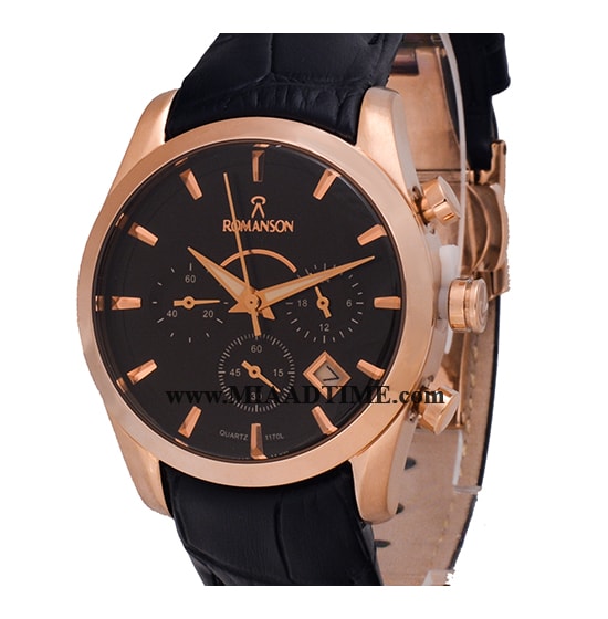 ساعت مچی رومانسون زنانه کرنوگراف گرد چرمی رزگلد صفحه مشکی کد 16271 خرید ساعت مچی طرح اصلی