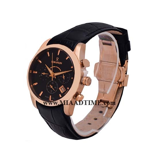 ساعت مچی رومانسون زنانه کرنوگراف گرد چرمی رزگلد صفحه مشکی کد 16271 ساعت مچی زنانه بند چرم