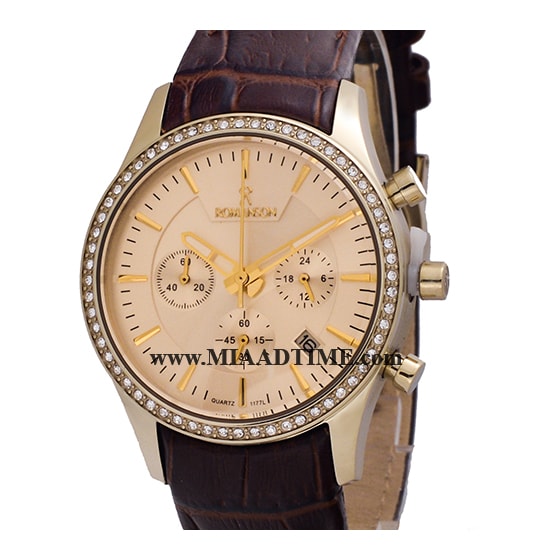 ساعت مچی رومانسون زنانه کرنوگراف گرد چرمی طلایی نگین دار صفحه روشن کد 16306 خرید ساعت مچی طرح اصلی