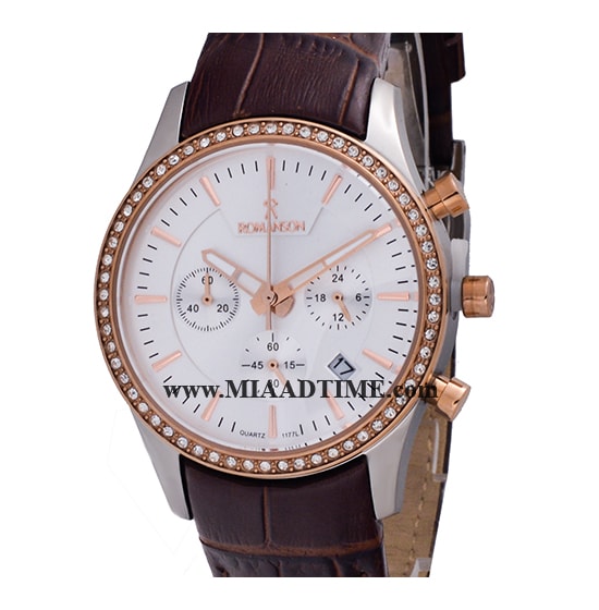 ساعت مچی رومانسون زنانه کرنوگراف گرد چرمی رزگلد دو رنگ صفحه سفید کد 16302 خرید ساعت مچی طرح اصلی