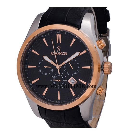 ساعت مچی رومانسون مردانه کرنوگراف گرد چرمی رزگلد دو رنگ صفحه مشکی کد 16304 ساعت مچی مردانه
