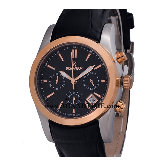 ساعت مچی رومانسون زنانه کرنوگراف گرد چرمی رزگلد دو رنگ صفحه مشکی کد 16304 خرید ساعت مچی طرح اصلی