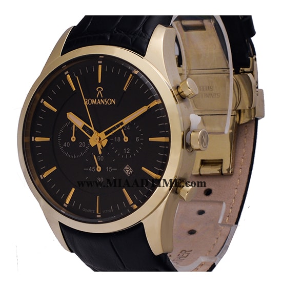 ساعت مچی رومانسون مردانه کرنوگراف گرد چرمی طلایی صفحه مشکی کد 16313 ساعت مچی مردانه