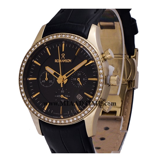 ساعت مچی رومانسون زنانه کرنوگراف گرد چرمی طلایی نگین دار صفحه مشکی کد 16313 خرید ساعت مچی طرح اصلی