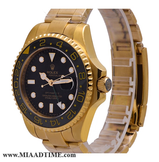 ساعت مچی رولکس مردانه گرد فلزی طلایی، دور قاب سرامیکی، شب نما، صفحه مشکی کد 5141 ساعت rolex