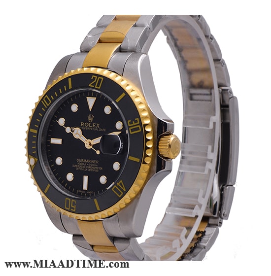 ساعت مچی رولکس مردانه، ساب مارینر گرد استیل دو رنگ، دور قاب سرامیکی، شب نما، صفحه مشکی کد 5141 مردانه