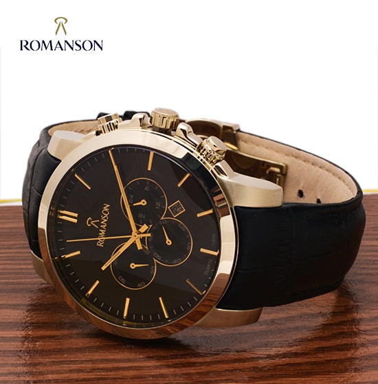 ساعت مچی رومانسون مردانه کرنوگراف گرد چرمی طلایی صفحه مشکی کد 25468 ساعت مچی مردانه