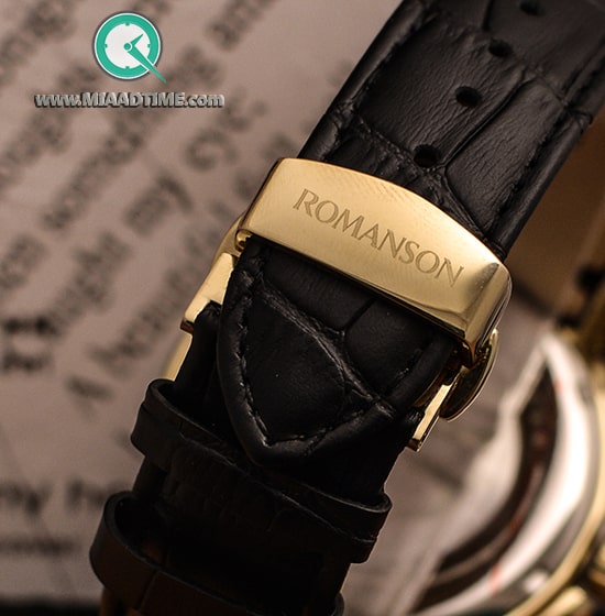 ساعت مچی رومانسون مردانه کرنوگراف گرد چرمی طلایی صفحه مشکی کد 25468 ساعت مچی مردانه