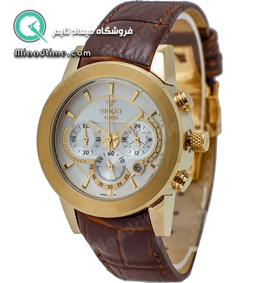 ساعت مچی ویولت زنانه کرنوگراف طلایی گرد چرمی صفحه سفید مدل 0098/2L ساعت