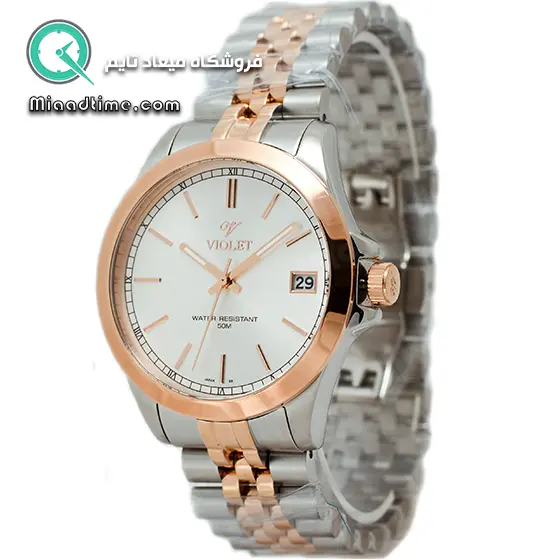 ساعت مچی ویولت مردانه کلاسیک گرد فلزی دورنگ رزگلد صفحه سفید مدل 0398/2G خرید ساعت مچی استیل مردانه