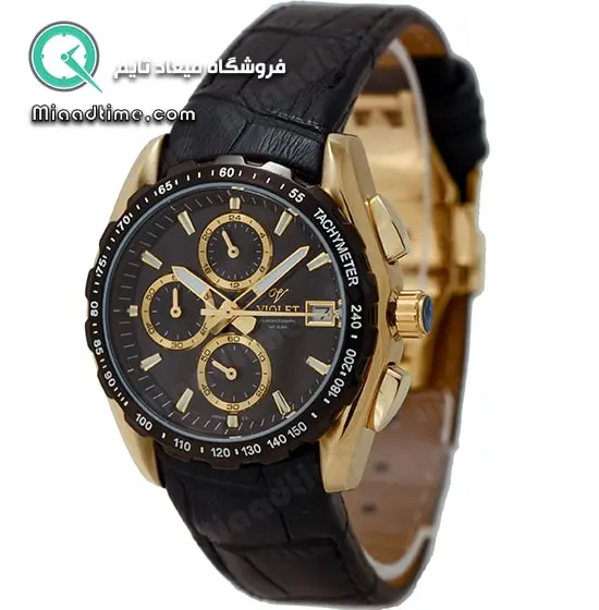 ساعت مچی ویولت زنانه کرنوگراف گرد چرمی طلایی مشکی صفحه مشکی مدل 0405/2L قیمت ساعت مچی زنانه ویولت اصل