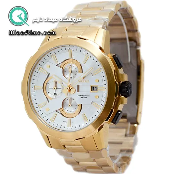 ساعت مچی ویولت مردانه کرنوگراف گرد فلزی طلایی صفحه سفید کد 0414/2G ساعت مچی مردانه مارک دار اصل