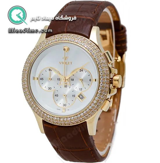 ساعت ویولت Violet زنانه کرنوگراف چرمی نگین دار طلایی صفحه سفید کد 0471/2L ساعت ویولت زنانه