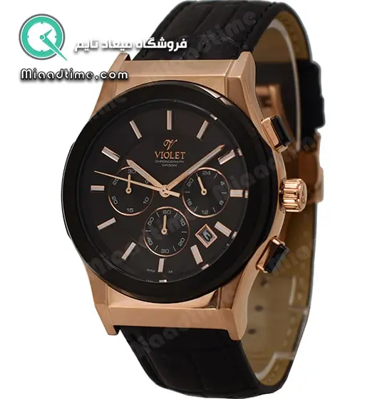 ساعت مچی ویولت مردانه کرنوگراف گرد چرمی رزگلد مشکی صفحه مشکی مدل 0515/2G قیمت ساعت مچی ویولت ژاپن