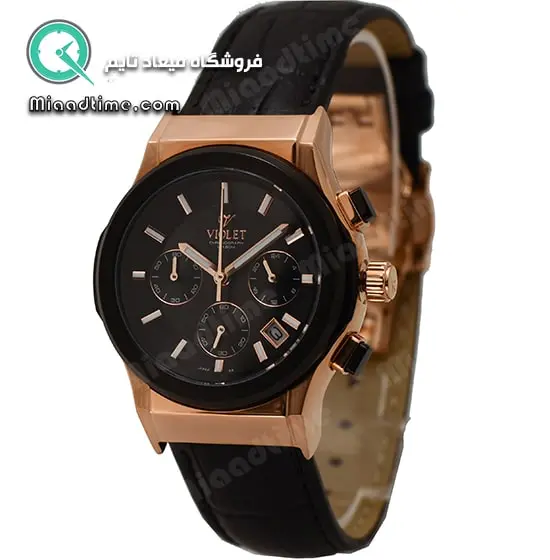 ساعت مچی ویولت زنانه کرنوگراف گرد چرمی رزگلد مشکی صفحه مشکی مدل 0515/2L قیمت ساعت مچی زنانه ویولت اصل