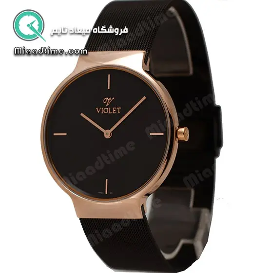 ساعت ویولت مردانه کلاسیک مشکی رزگلد بند حصیری صفحه مشکی کد 0528/2G ساعت ویولت