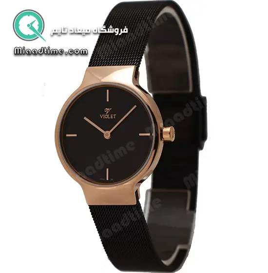 ساعت ویولت زنانه کلاسیک مشکی رزگلد بند حصیری صفحه مشکی کد 0528/2L ساعت مچی زنانه مارک دار
