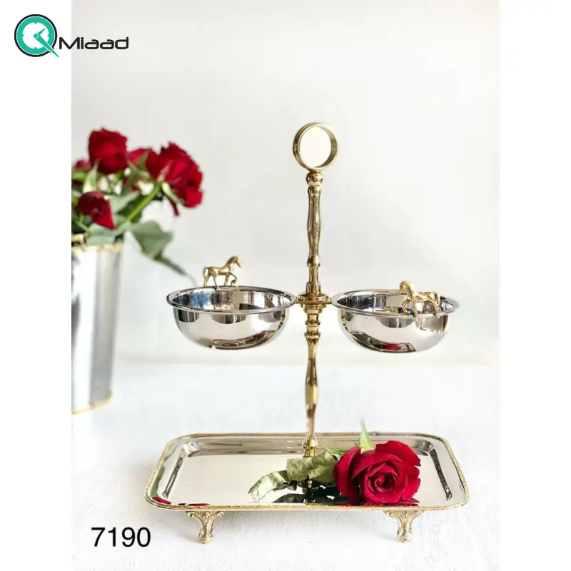 ظرف اردو خوری بنیکو، ظرف پذیرایی 2 طبقه 2 خانه کف مستطیل از جنس استیل و برنج | کد 7190 اردو 2 طبقه 2 خانه کف مستطیل